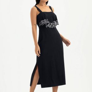 Vestido Midi Decote Quadrado em Viscose Preto