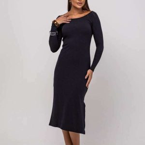Vestido Midi M/L Decote Canoa Canelado Preto
