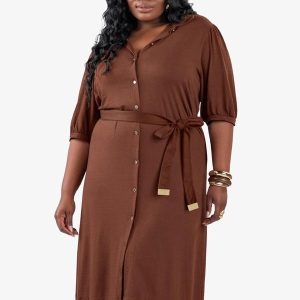 Vestido Midi Manga 3/4 Plus Size Marrom