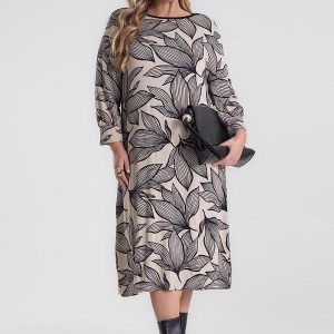 Vestido Midi Plus Size Manga 7/8 Bege