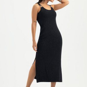 Vestido Midi em Canelado Preto