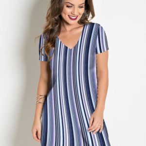 Vestido com Decote em V Listrado Azul