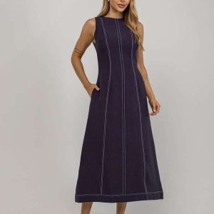 Vestido de Alfaiataria Midi com Costura Contrastantes Azul