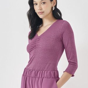 Blusa 3/4 em Ribana com Franzido Roxo