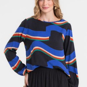 Blusa Manga Longa Estampada Preto