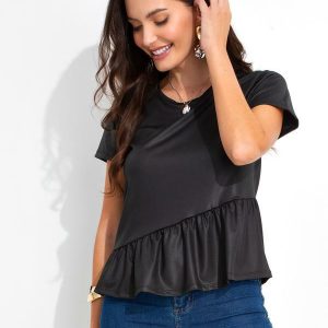 Blusa Peplum com Recorte Franzido na Barra Preta