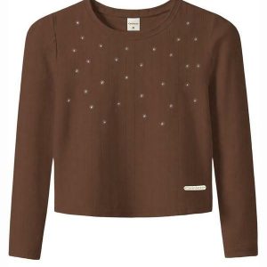 Blusa em Ribana Canelada com Strass Marrom