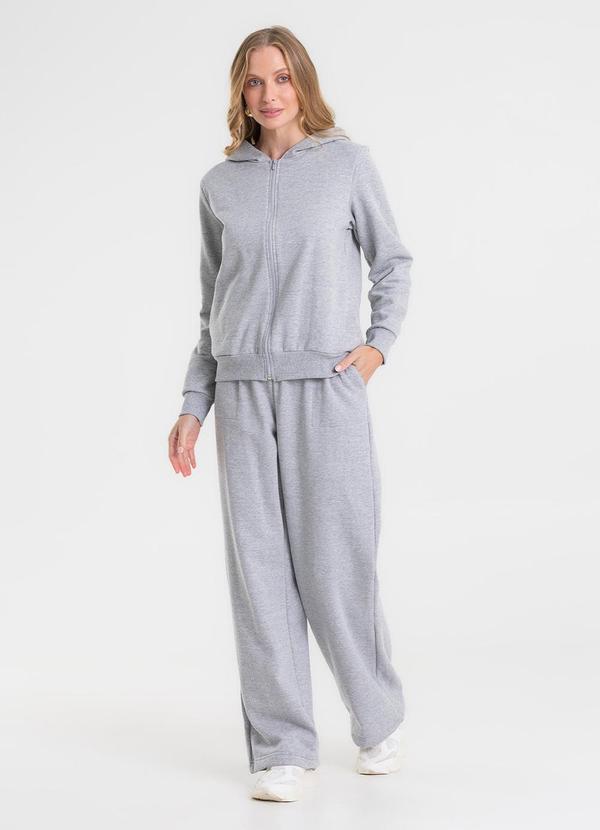 Calça Wide Leg Moletom Peluciado Básico Cinza