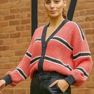 Cardigan Tricot Listrado Rosa