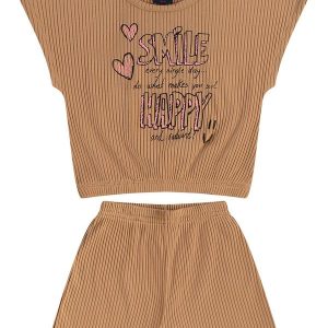 Conjunto Cropped e Short Ribana Marrom