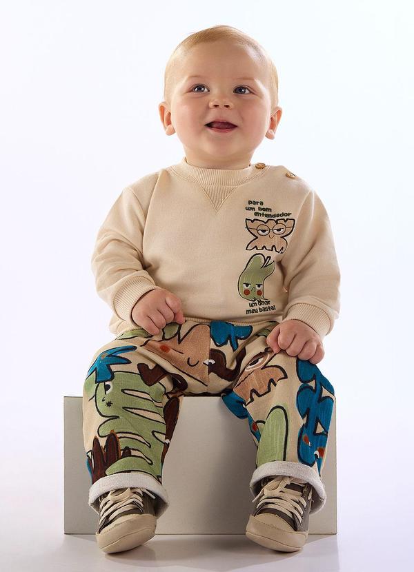 Conjunto Humor Bebê Blusão Calça Bege