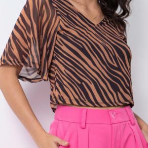 Cropped Tigre com Decote em V Drapeado