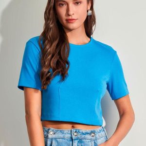 Cropped em Malha Bodycon Azul