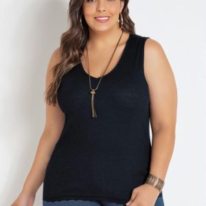 Regata Preta com Renda Plus Size