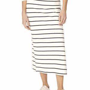 Saia Midi Canelada Listrada com Fenda Off White