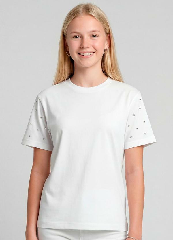 T-Shirt com Rebite e Strass Branco