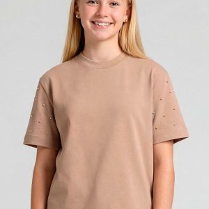 T-Shirt com Rebite e Strass Marrom