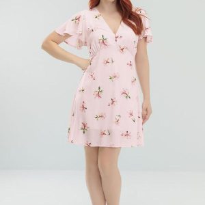Vestido Curto Viscose Estampada Rosa