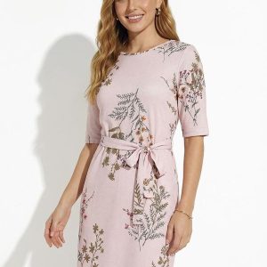 Vestido Floral Rosa com Mangas Curtas e Faixa