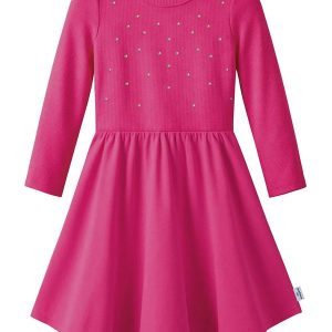 Vestido Godê Canelado com Aplique Rosa