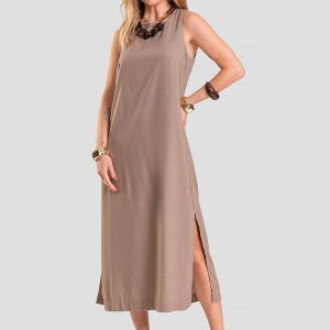 Vestido Midi Feminino em Tecido Linho Marrom