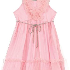 Vestido em Cotton Leve e Tule Rosa