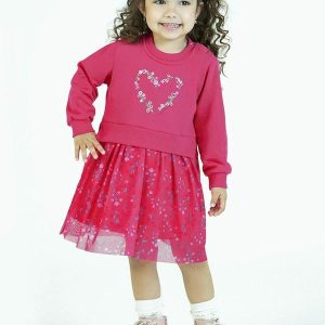 Vestido em Moletinho e Tule Sublimado Rosa