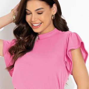 Blusa Rosa com Gola e Babado na Cava