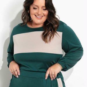 Blusa Verde e Cáqui com Recorte Plus Size