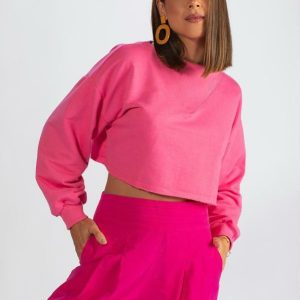 Blusão Cropped de Moletom Rosa