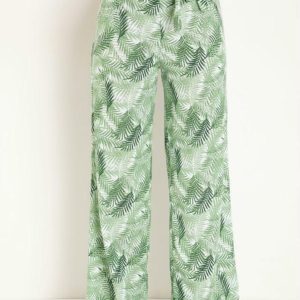 Calça Pantalona Folhas Verde com Faixa Fixa