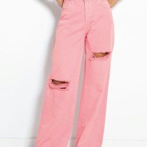Calça Rosa Wide Leg com Destroyed Sawary
