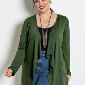 Cardigã com Pontas Plus Size Verde Militar