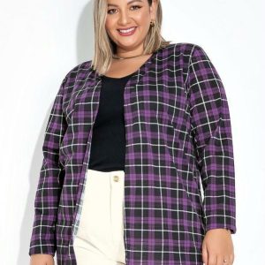 Cardigan Xadrez Roxo Plus Size