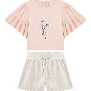 Conjunto Blusa e Shorts em Linho Brilho Rosa