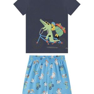 Conjunto Camiseta e Bermuda em Microfibra Azul