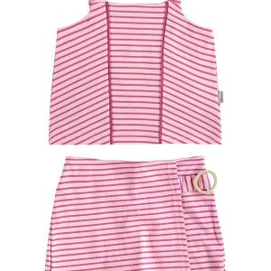 Conjunto Cropped Listrado com Fivela Rosa