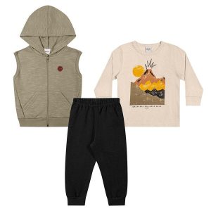 Conjunto Longo Infantil Colete Rajado Bege