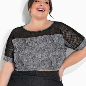 Cropped Folhas Preta com Transparência Plus Size