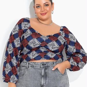 Cropped Geométrico Azul com Elástico Plus Size