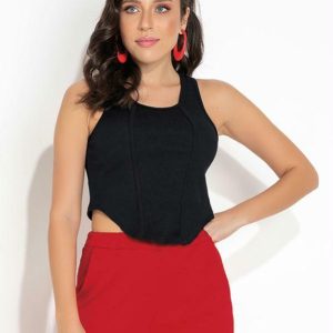 Cropped Preto Regata e Recortes