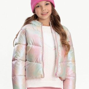 Jaqueta Puffer Infantil com Capuz e Zíper Rosa
