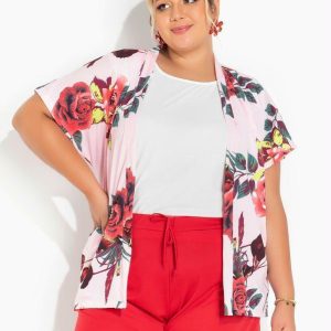 Kimono Floral Rosa com Mangas Plus Size