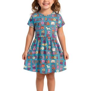 Vestido Curto Godê Letras Azul