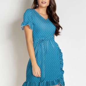 Vestido Poá Azul com Babado e Faixa