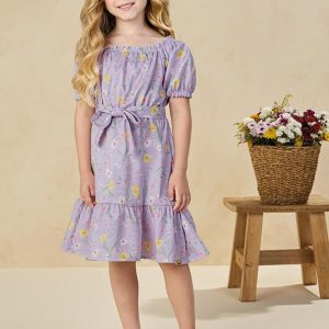 Vestido em Tecido Rajado Bosque Florido Roxo