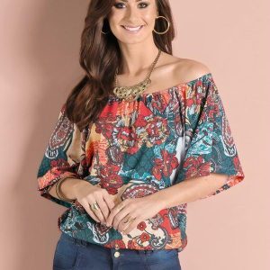 Blusa Manga Raglan Floral e Arabescos