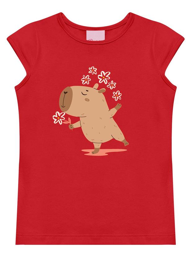 Conjunto Blusa Capivara e Short Flor Vermelho