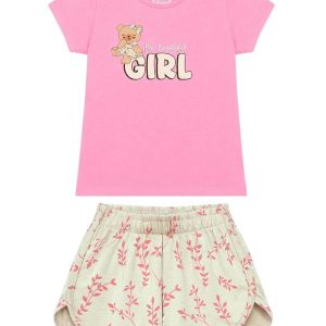 Conjunto Blusa Urso Girl e Short Folhas Rosa