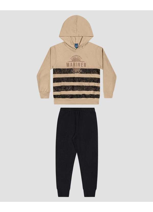 Conjunto Blusão Listrado e Calça Bege